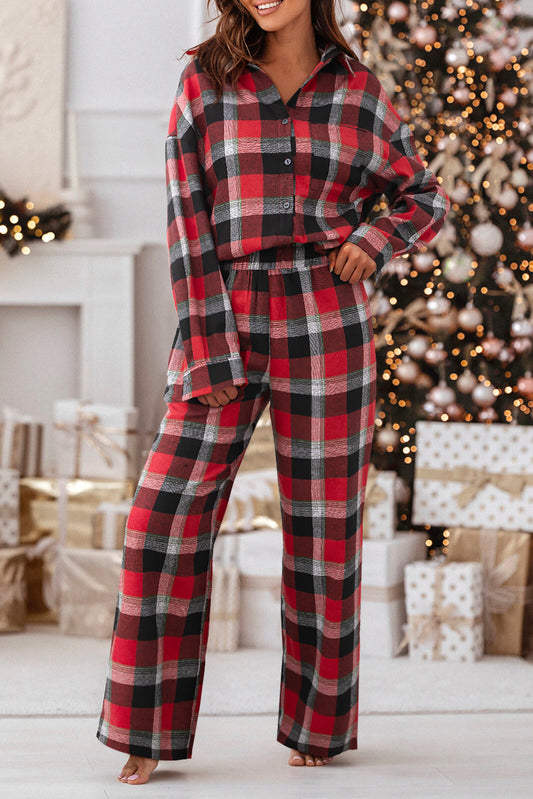 Christmas Plaid Button Up Top and High Waist Pants Set