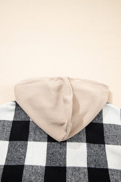 Casual Plaid Hoodie Drawstring Button Shacket