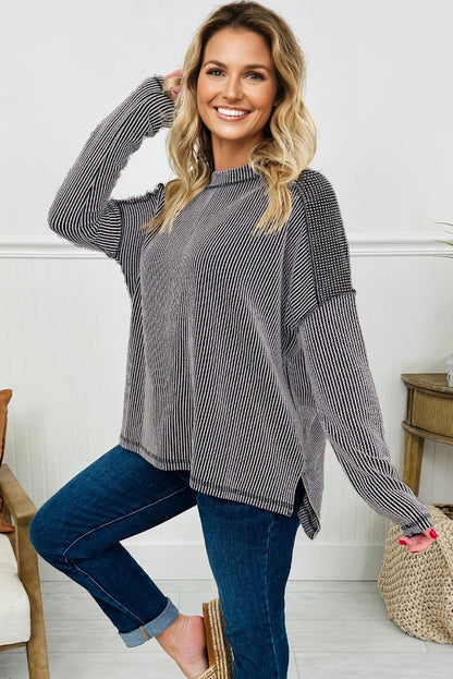 Twist Ribbed Exposed Seam Detail Long Sleeve Loose Top