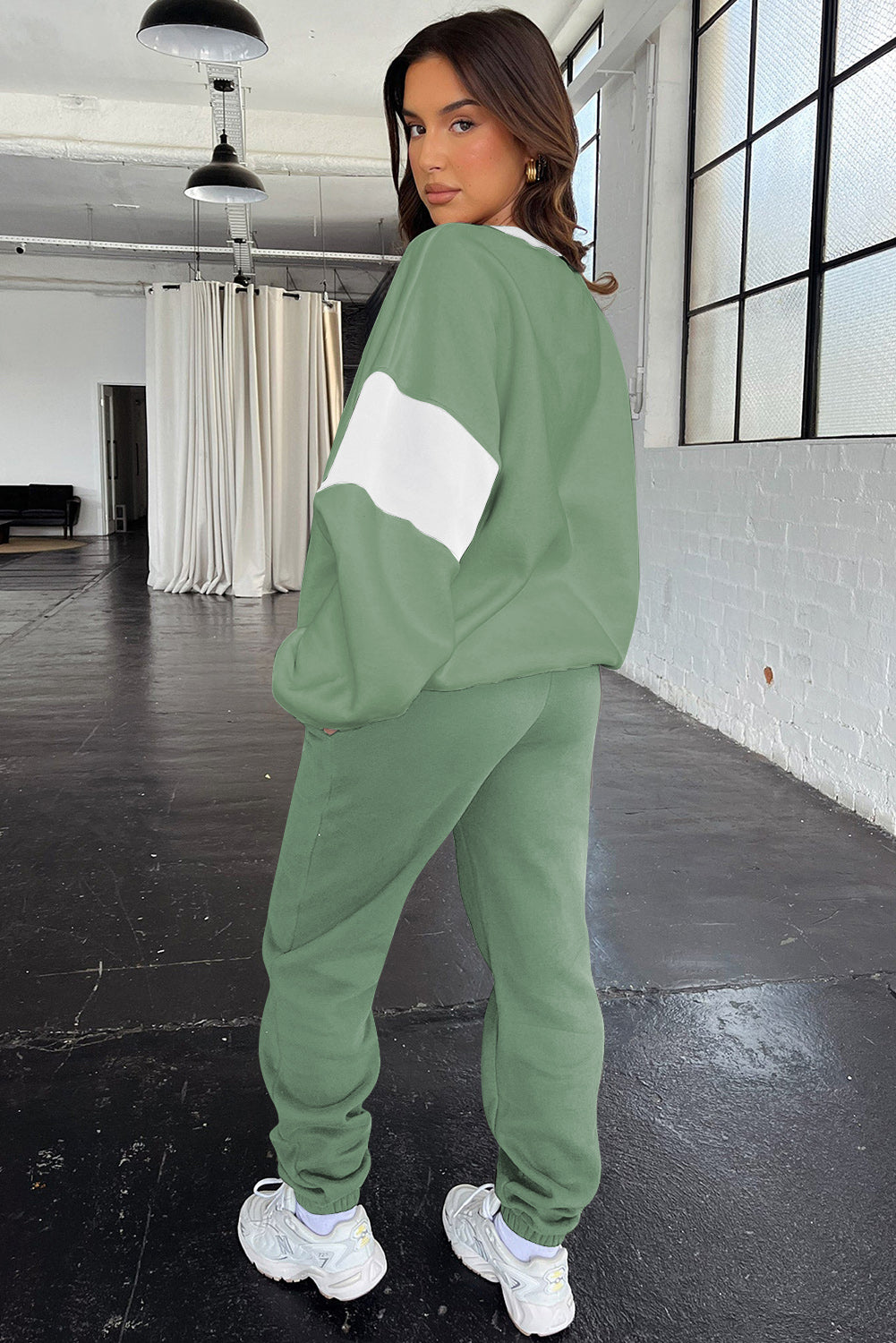 Drop Shoulder Color Block Sweatshirt Jogger Set