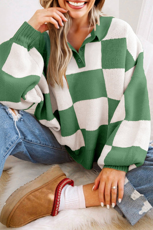 Checkered Pattern Polo Collar Loose Knit Sweater