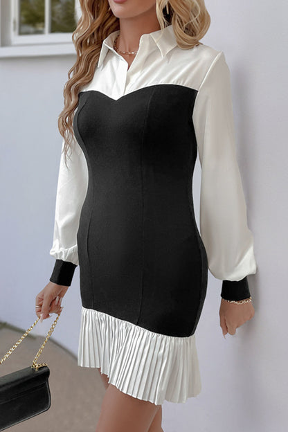 Colorblock Pleated Hem Contrast Shirt Dress Women