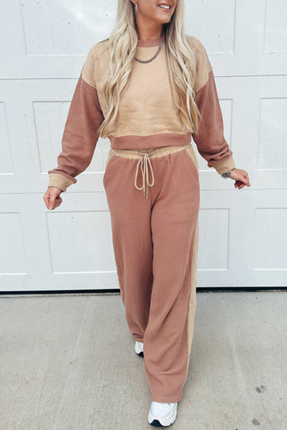 Color Block Long Sleeve Crop Top Drawstring Pant Set