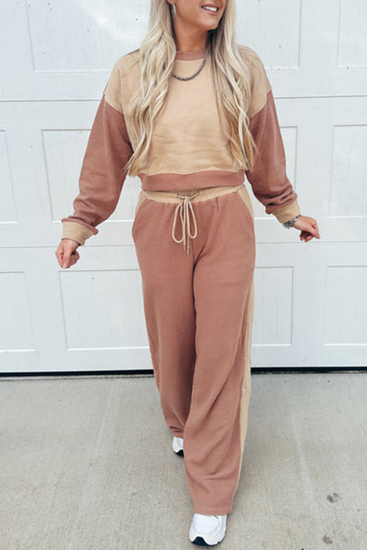 Color Block Long Sleeve Crop Top Drawstring Pant Set