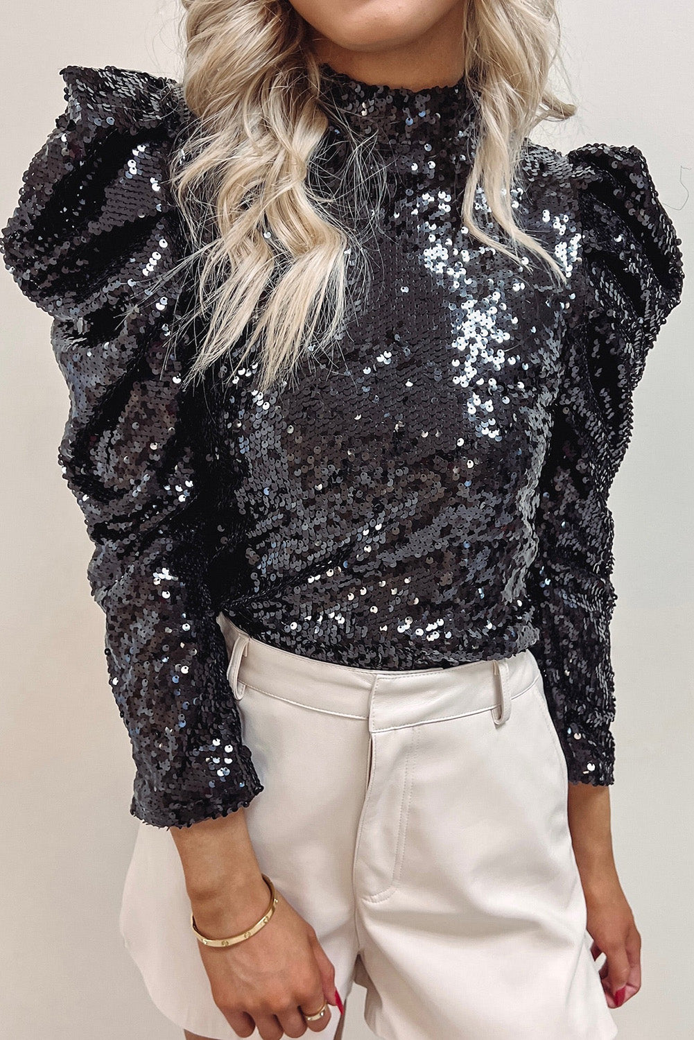 Sparkly Sequin Mock Neck Long Sleeve Party Top