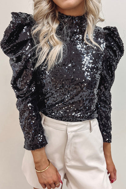 Sparkly Sequin Mock Neck Long Sleeve Party Top