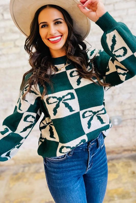 Checkered Bow Print Round Neck Knit Sweater