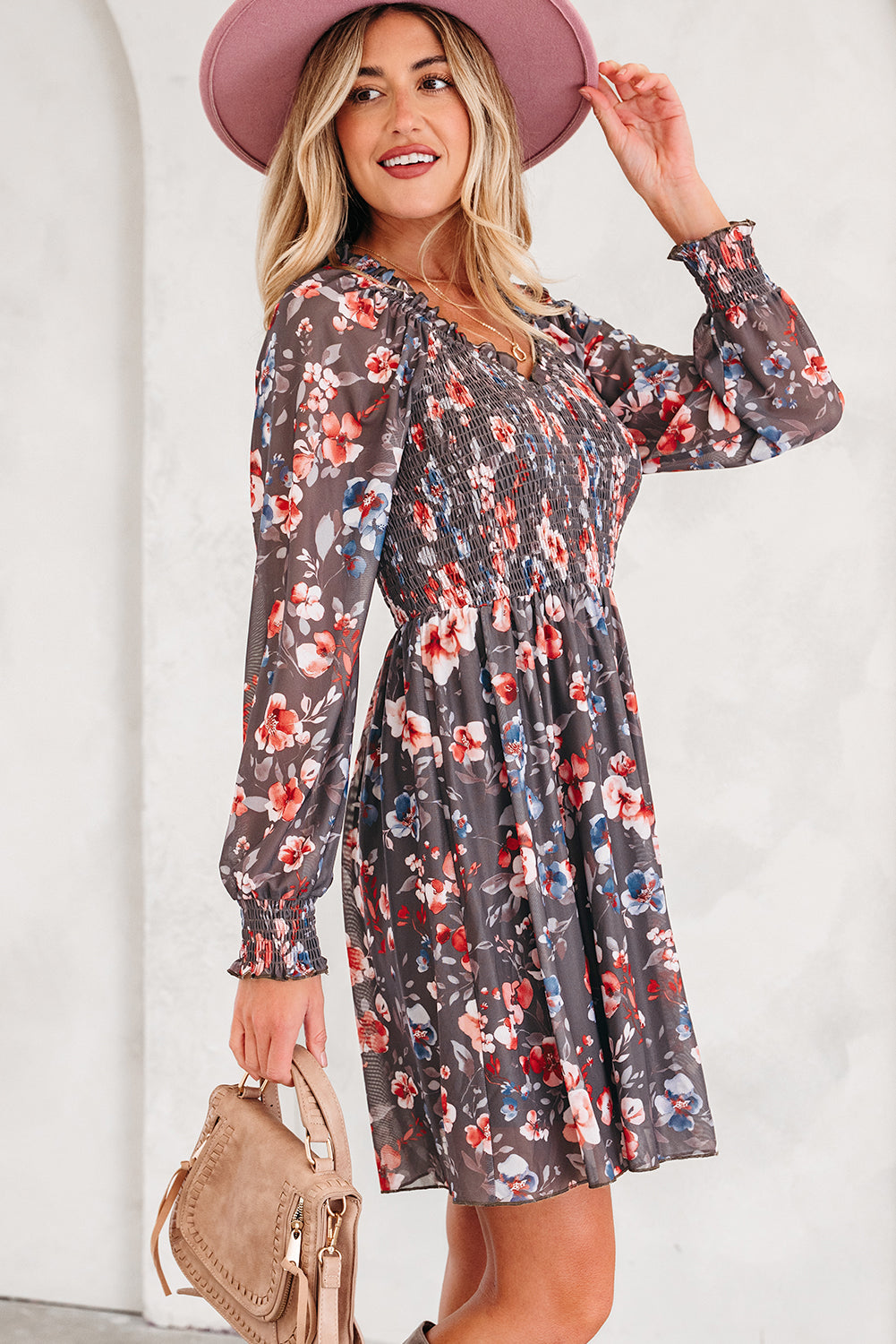 Fall Floral Smocked Bodice Mesh Long Sleeve Mini Dress