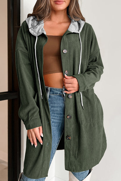 Jungle Green Corduroy Hooded Shacket for Fall