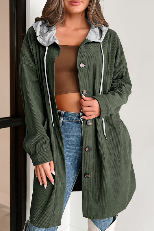 Jungle Green Corduroy Hooded Shacket for Fall