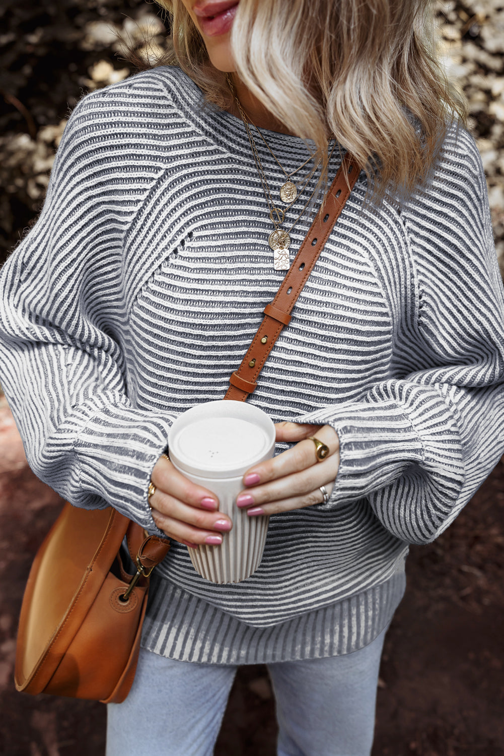 Striped Knit Oversized Boat Neck Fall Sweater