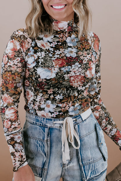 Brown Floral Mesh Long Sleeve Turtleneck Top