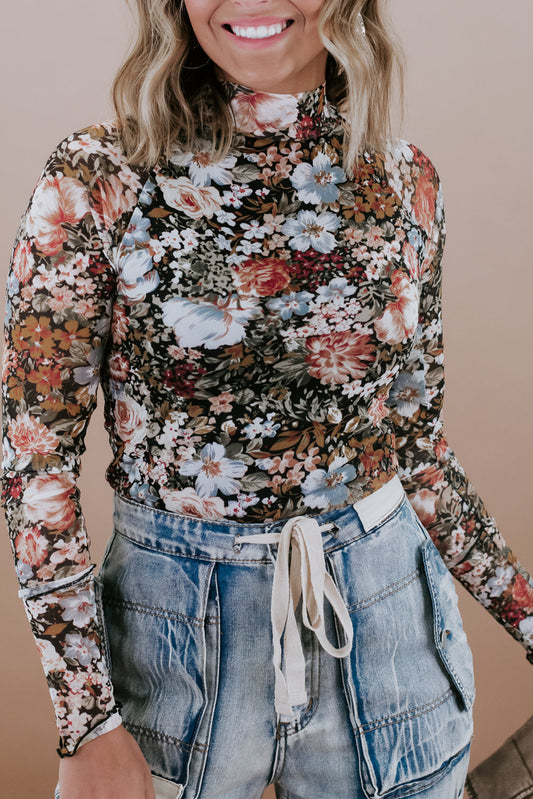Brown Floral Mesh Long Sleeve Turtleneck Top