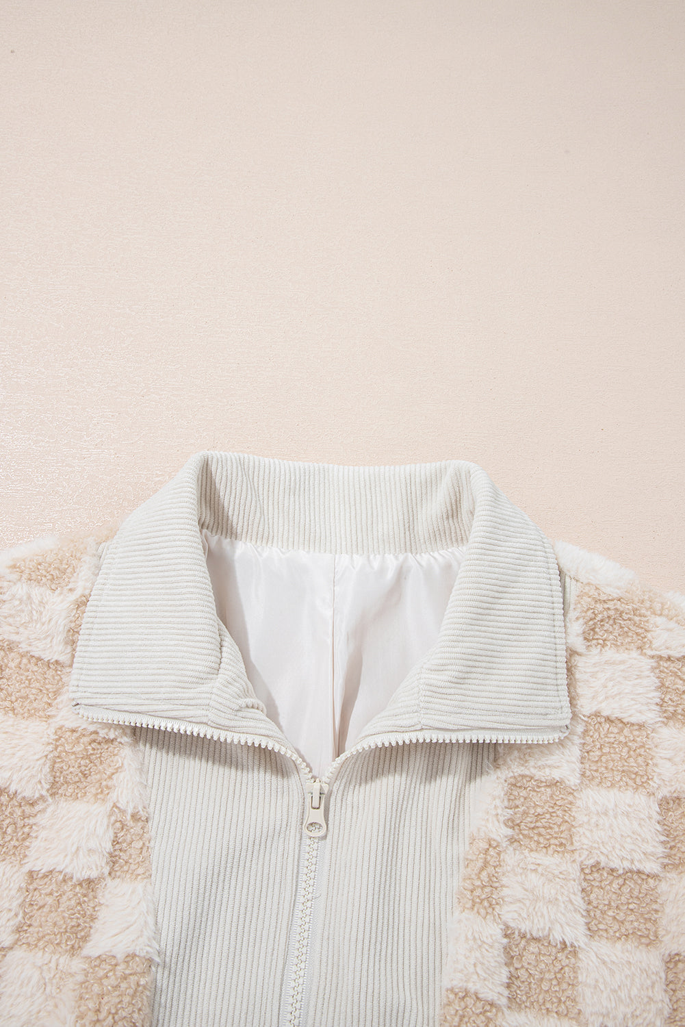 Khaki Checkered Sherpa Zip Up Jacket for Fall