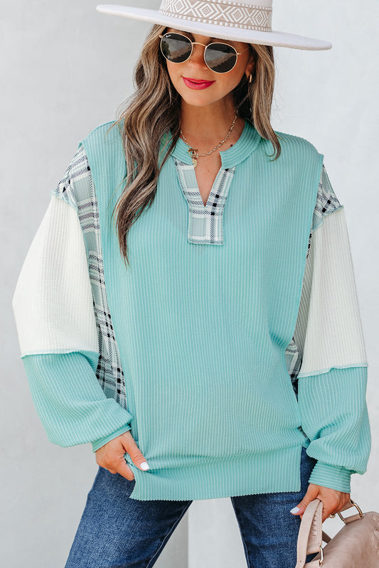 Corded Texture Split Neck Colorblock Casual Top