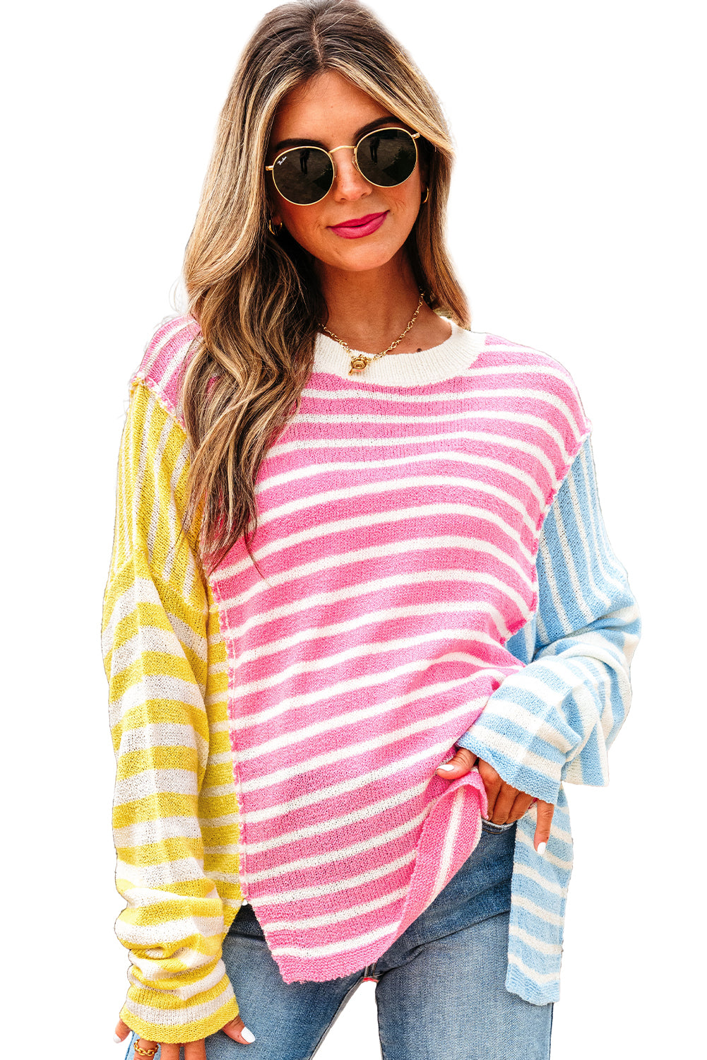 Colorblock Dolman Sleeve Sweater with Split Hem