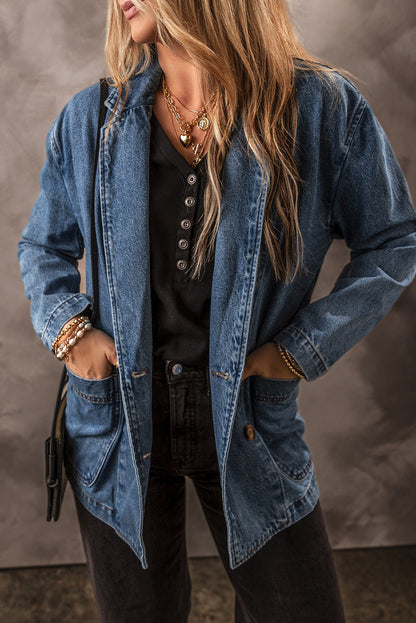 Black Denim Jacket with Lapel Collar and Side Pockets