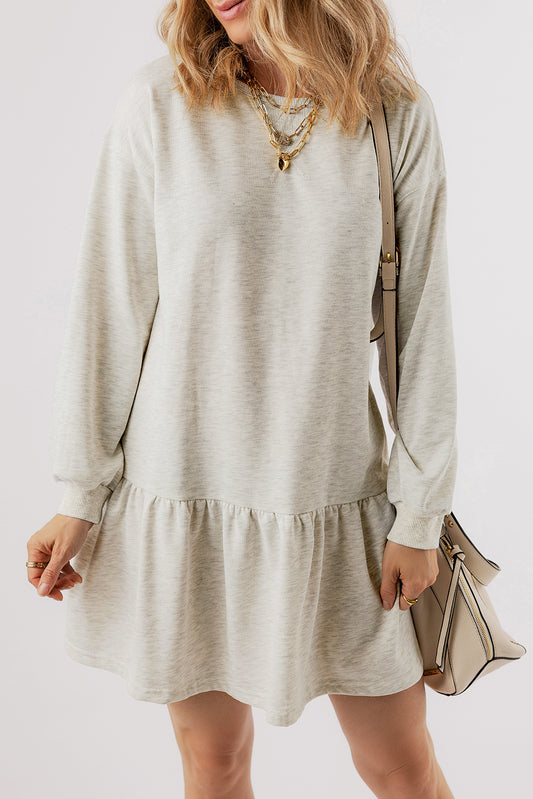 White Solid Color Puff Sleeve Ruffle Hem Dress