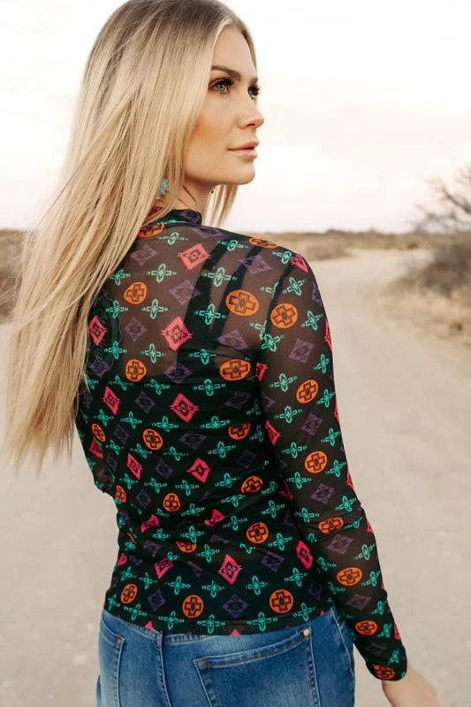 Western Aztec Print Sheer Long Sleeve Top