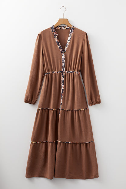 Chestnut Floral Patchwork Long Sleeve Maxi Dress