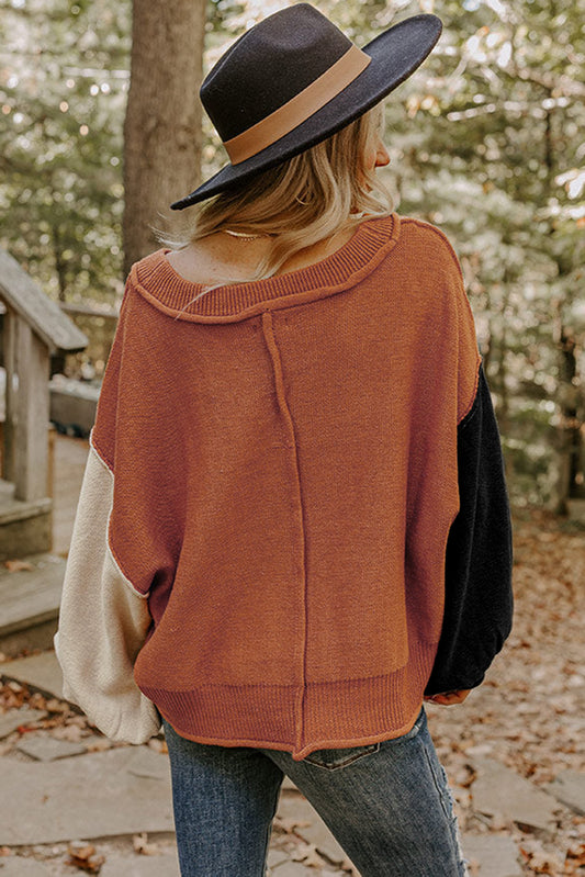 Desert Gold Colorblock Bubble Sleeve V Neck Sweater