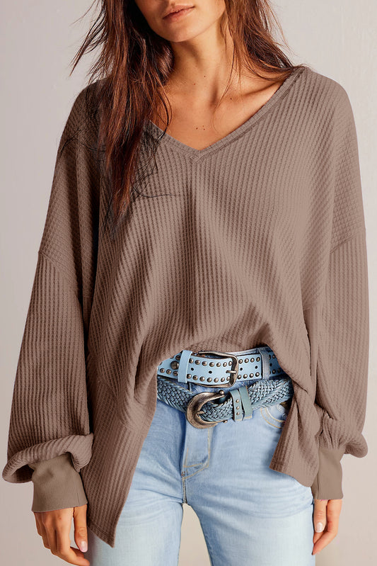 Waffle V Neck Drop Shoulder Loose Blouse