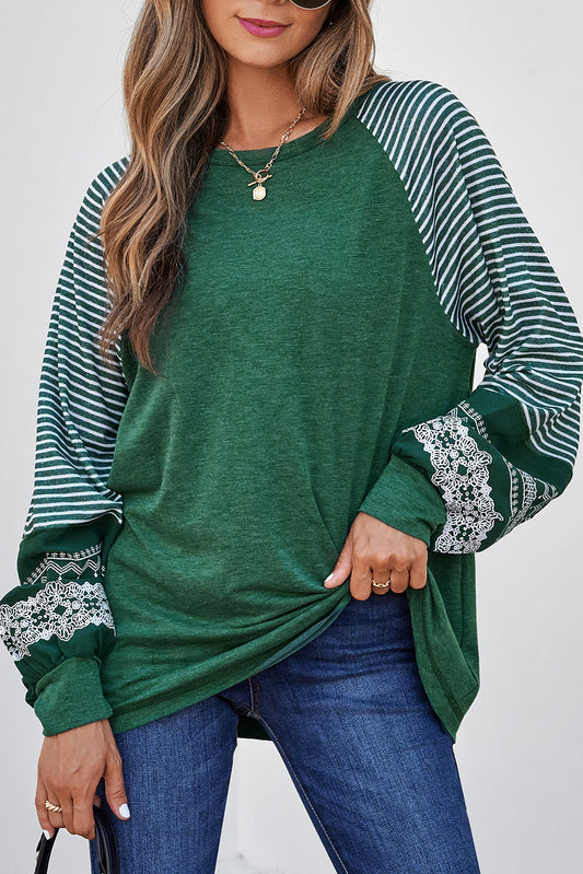 Contrast Print Striped Raglan Long Sleeve Loose Top