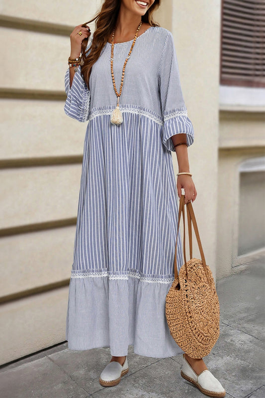 Stripe Patchwork Lace Detail Bracelet Sleeve Maxi Dress
