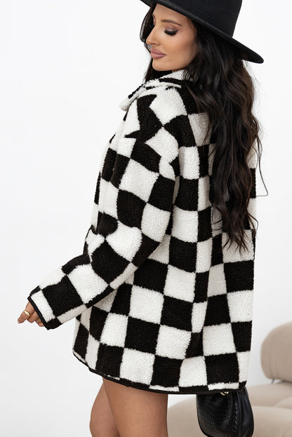 Black Checkered Fleece Jacket with Collared Neck and Pockets