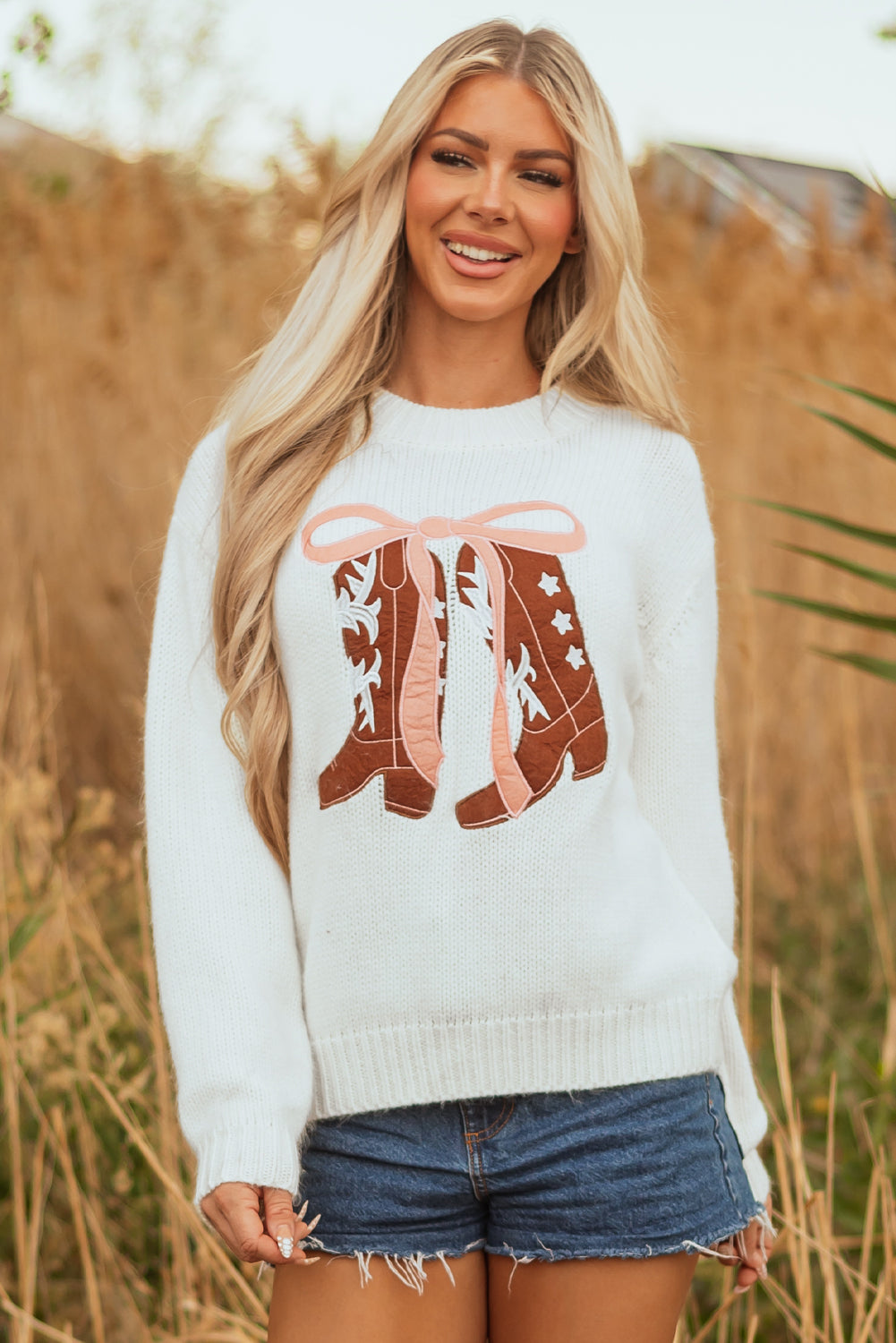 Western Boots Embroidered Bow Knit Sweater