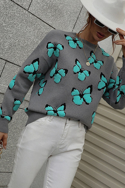 Womens Butterfly Print Crewneck Knit Sweater