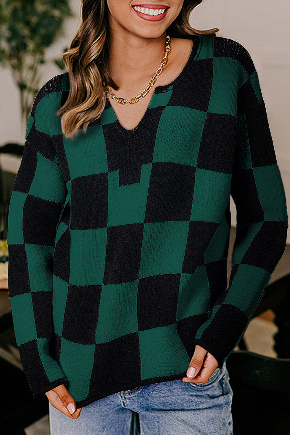 Checked Notched Neckline Drop Shoulder Knit Sweater