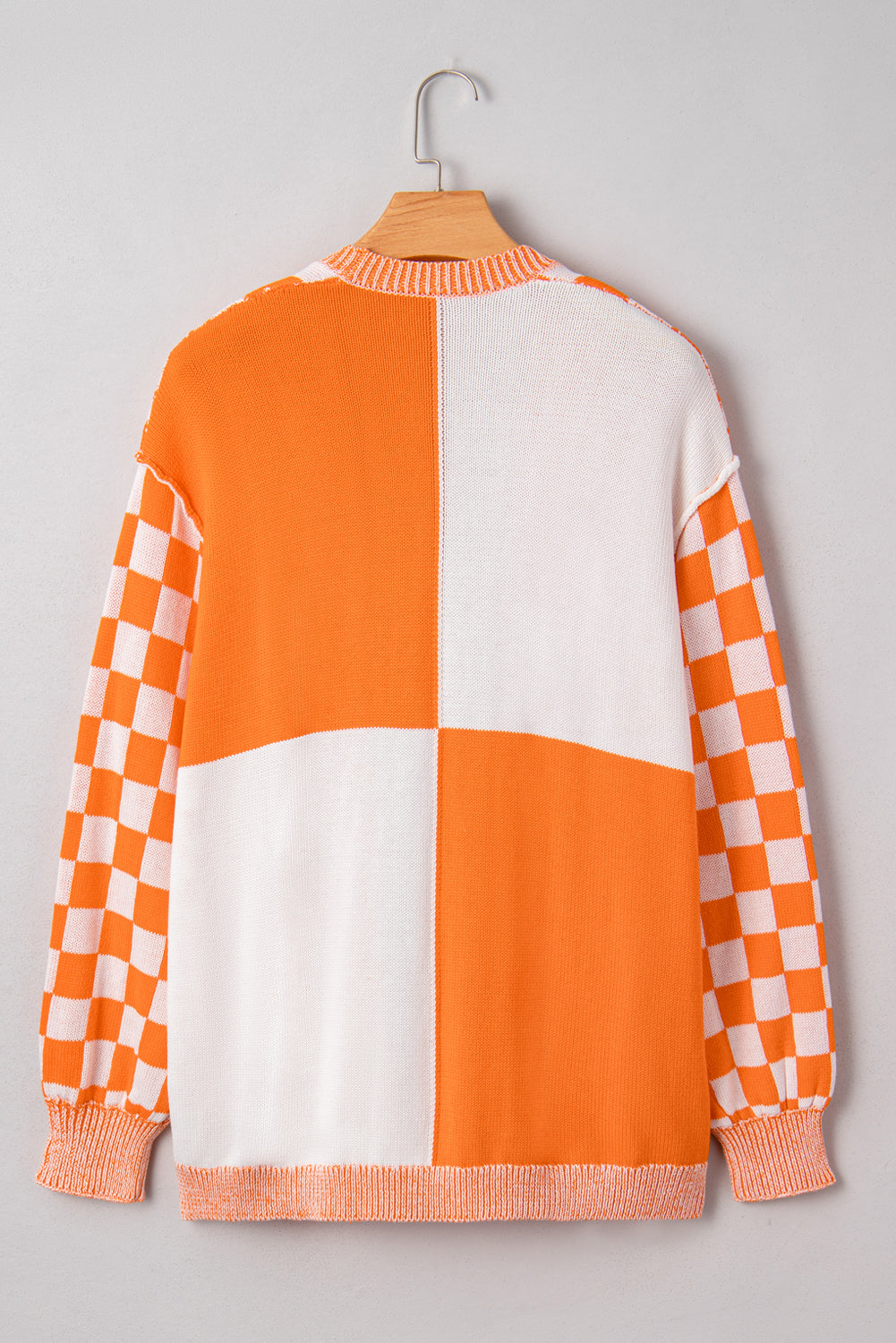 Checkered Bubble Sleeve Drop Shoulder Open Cardigan