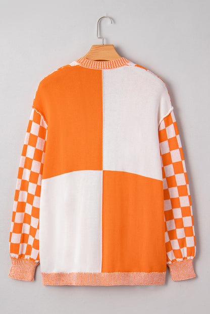 Checkered Bubble Sleeve Drop Shoulder Open Cardigan