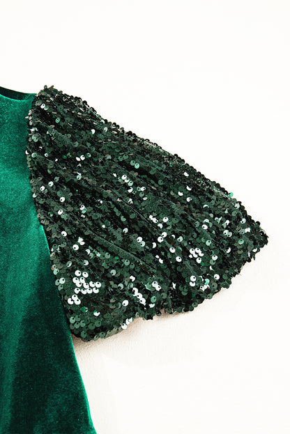 Evergreen Sequin Puff Sleeve Tiered Velvet Mini Dress