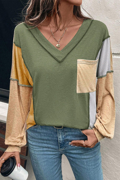 Colorblock V Neck Exposed Stitch Long Sleeve Top