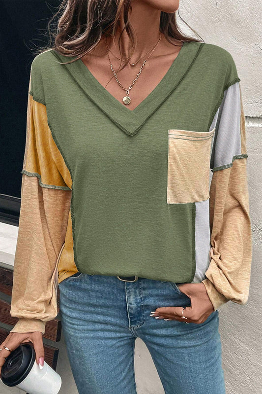 Colorblock V Neck Exposed Stitch Long Sleeve Top