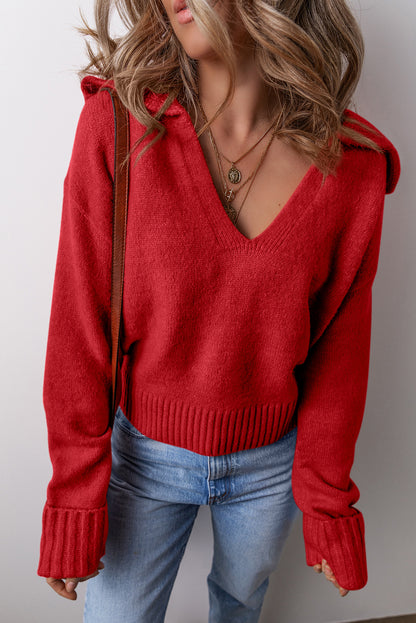 Collared V Neck Ribbed Edge Elegant Sweater