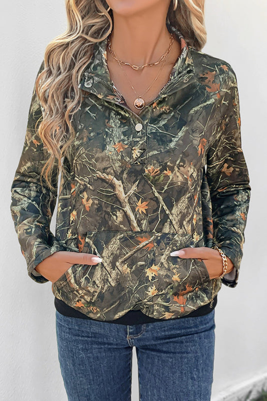 Camo Leaf Print Pullover Sweatshirt with Pocket