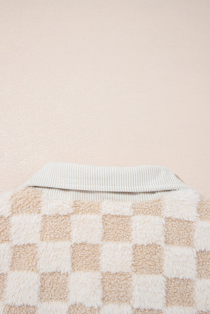Khaki Checkered Sherpa Zip Up Jacket for Fall