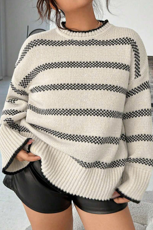 Apricot Stripe Drop Shoulder Crew Neck Knit Sweater