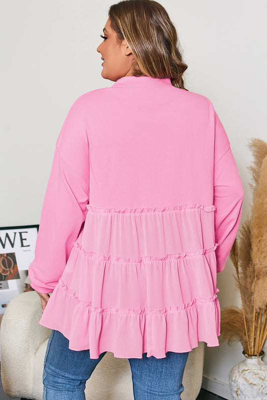 Tiered Ruffle Ribbed Crew Neck Pullover Plus Size Top