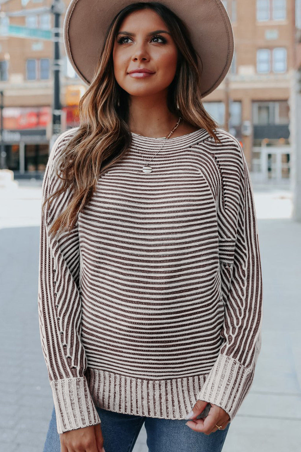 Striped Knit Oversized Boat Neck Fall Sweater