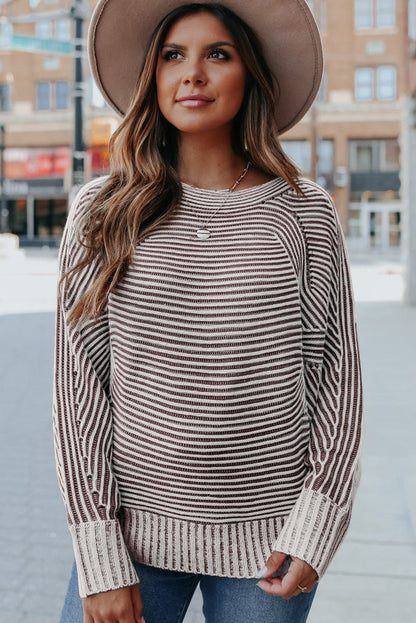 Striped Knit Oversized Boat Neck Fall Sweater
