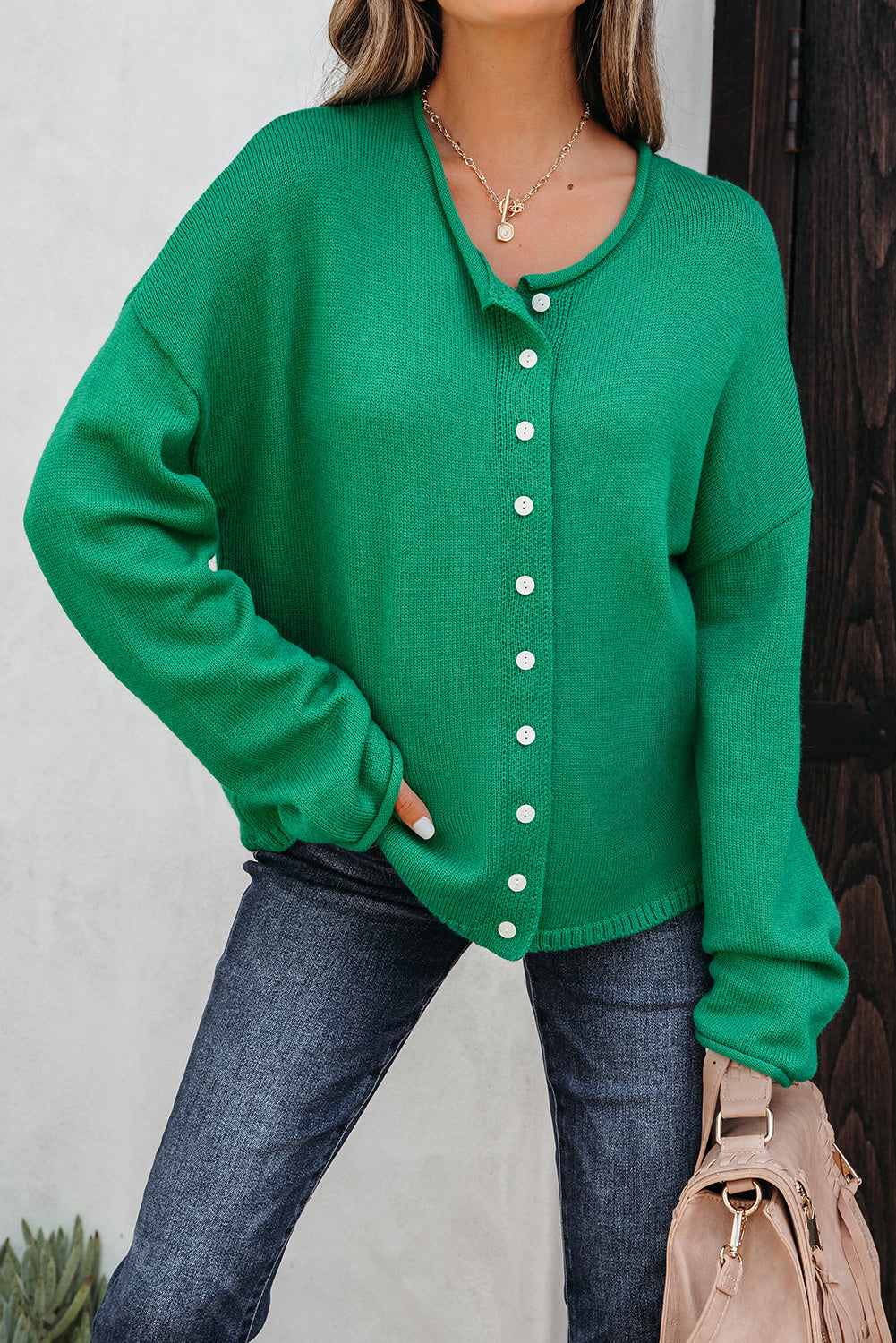 Bright Green Knit Button Front Drop Shoulder Cardigan