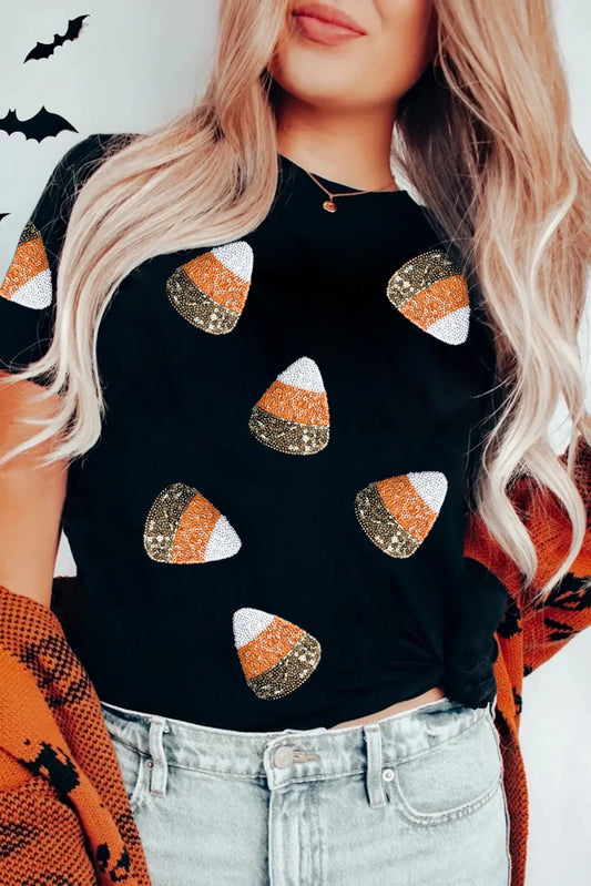 Black Sequin Candy Pattern Halloween Graphic Tee