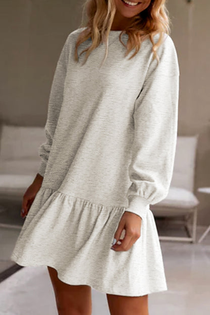 White Solid Color Puff Sleeve Ruffle Hem Dress