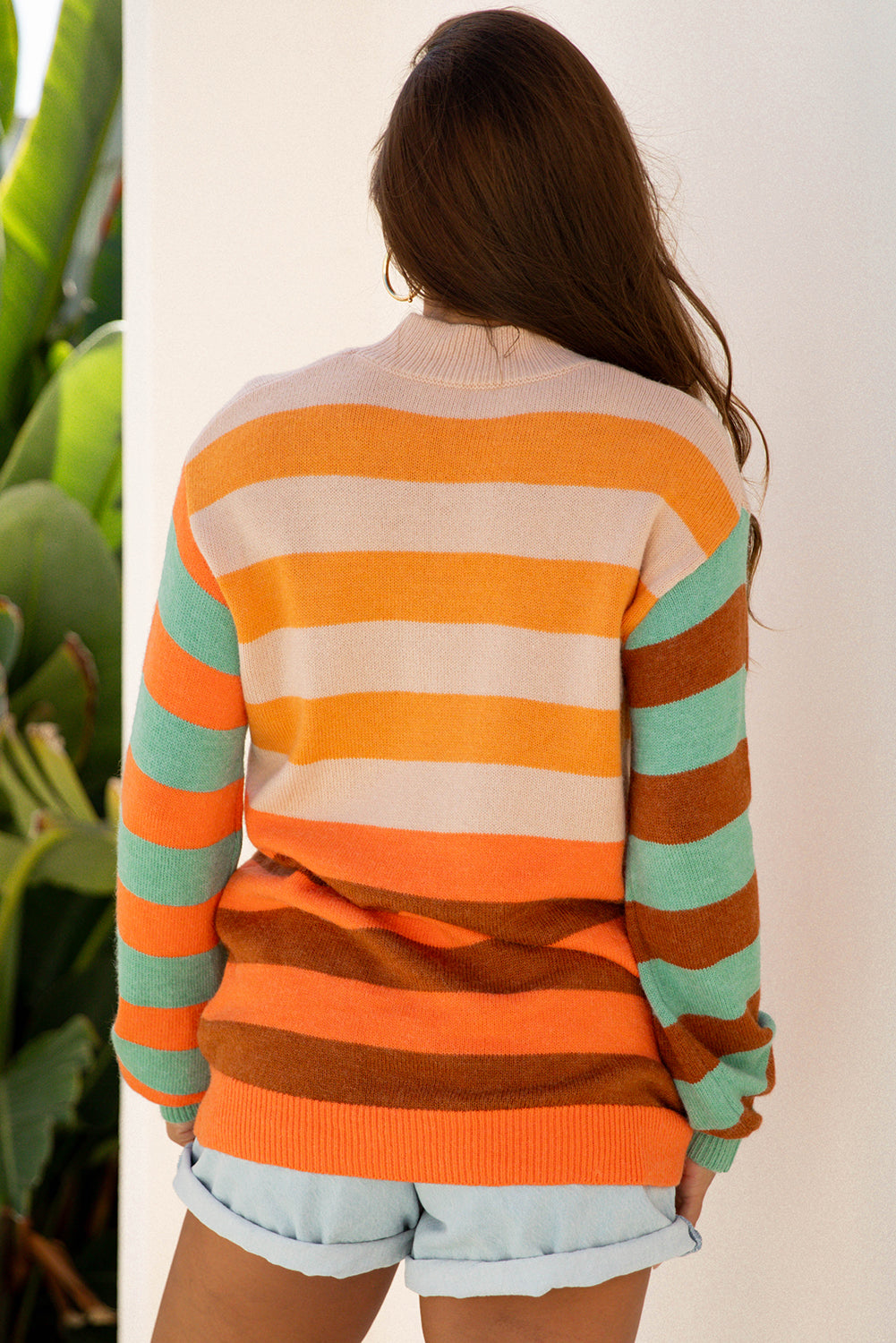 Stripe Color Block High Neck Drop Shoulder Cozy Sweater