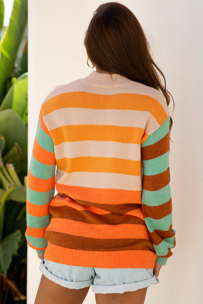 Stripe Color Block High Neck Drop Shoulder Cozy Sweater