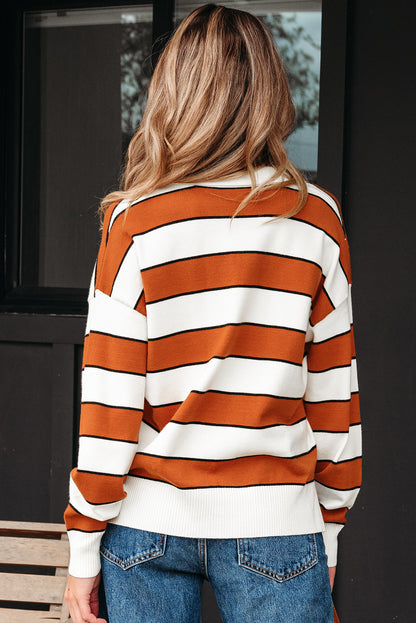Stripe Ribbed Polo Collar Drop Shoulder Sweater